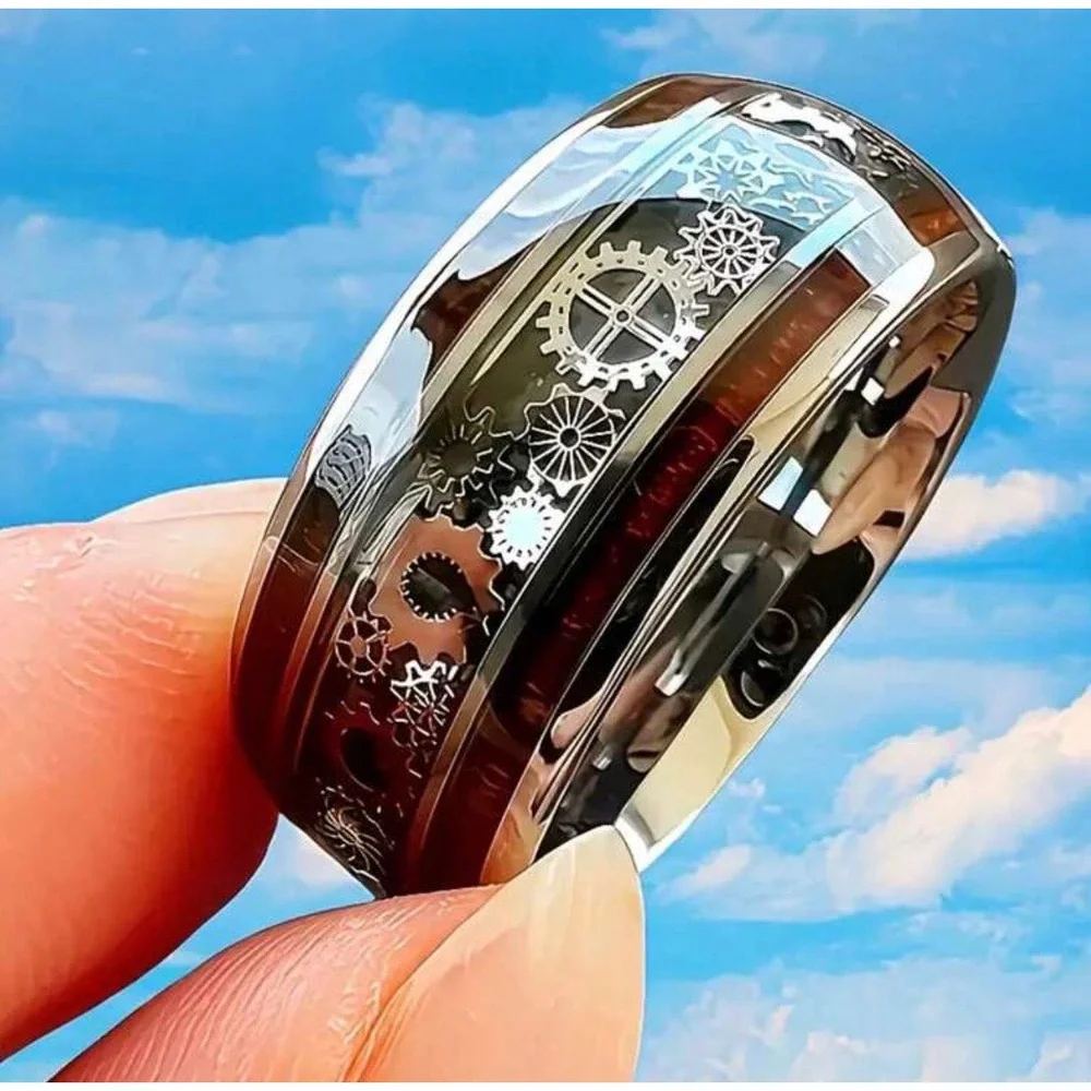 Steampunk Gear Inlay Band Ring Silver Tone Industrial‎ Mechanical Clockwork Ring